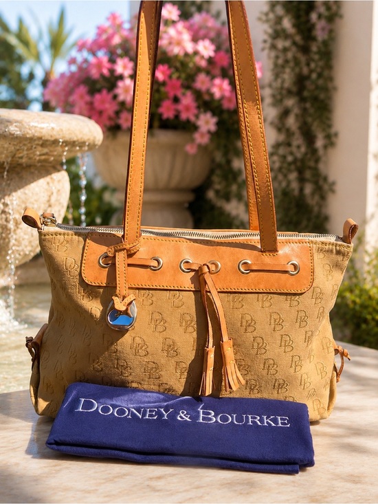 Dooney & Bourke Handbags - Dooney & Bourke DB Tassel Zip Top Tote Sand Tan Canvas Saddle
Tan Leather